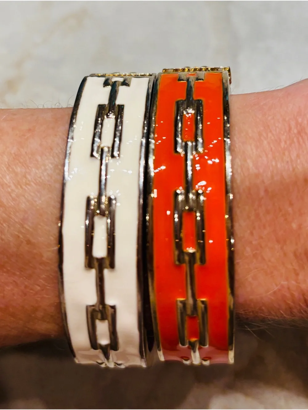 Nordstrom Sequin NYC Orange and Cream Gold Enamel Chain-Link Bangle Set